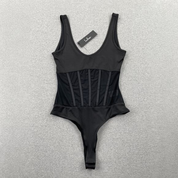 Lulu's Tops - Lulus Mesh Bustier Bodysuit Top Sz S Black Sleeveless Tank Semi-Sheer Going Out